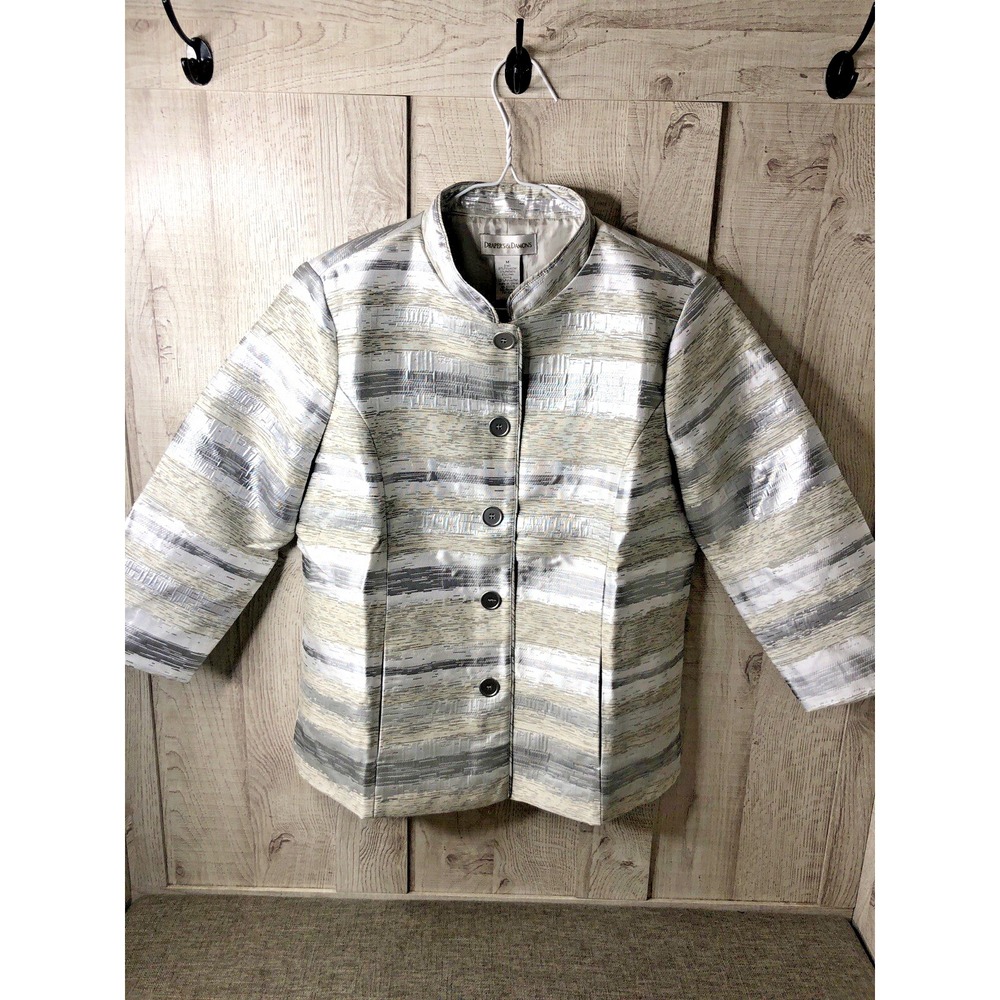 Drapers & Damons Womens Silver Metallic Striped Jacket Mandarin Collar Size M